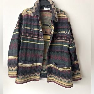 Vintage Southwestern Aztec Tribal Print Tan Black Sweater Oversized Jacket L